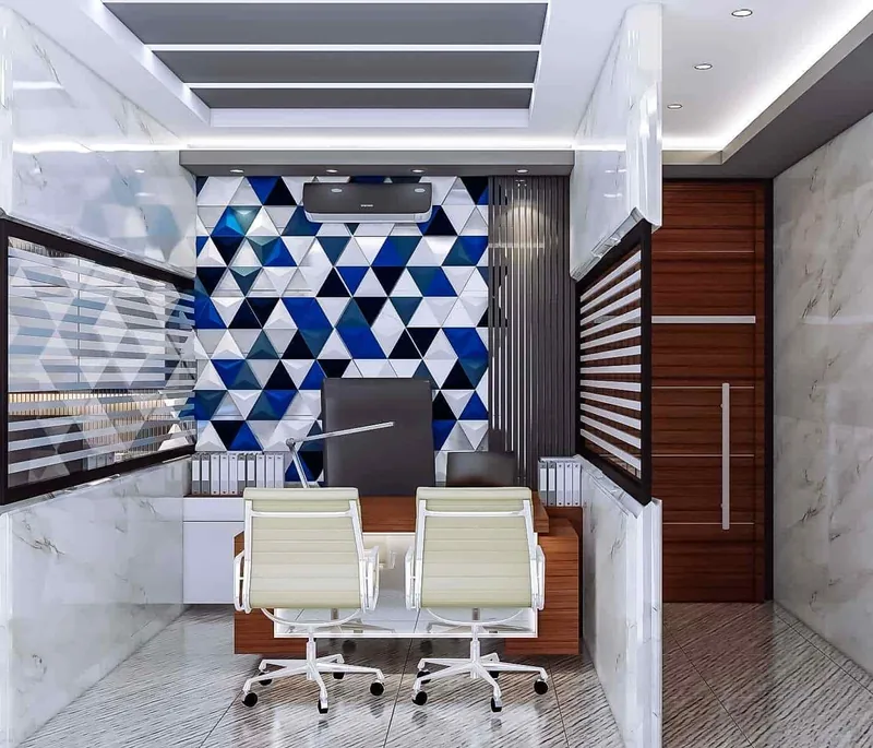 Office Cabin with Geometric Feature Wall: design render by Rekha Rachit Architects