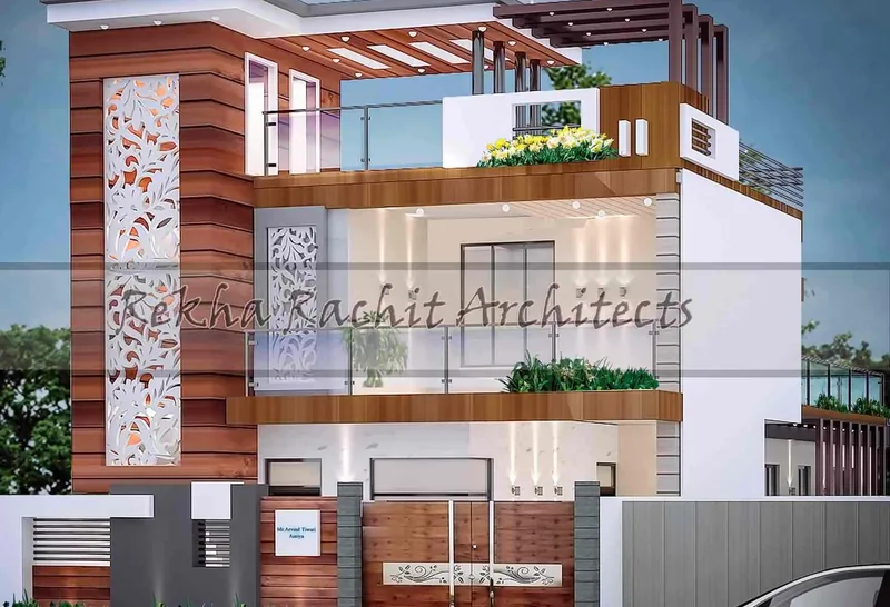 Residence with Timber-Finish Tower and Glass-Railed Terrace: design render by Rekha Rachit Architects