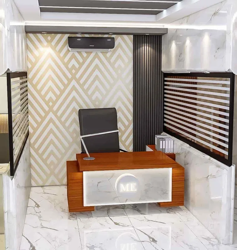 Office Cabin with Chevron Wall Panelling: design render by Rekha Rachit Architects