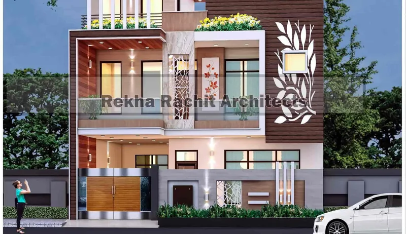 Residence with Leaf-Motif Jali Panel: design render by Rekha Rachit Architects