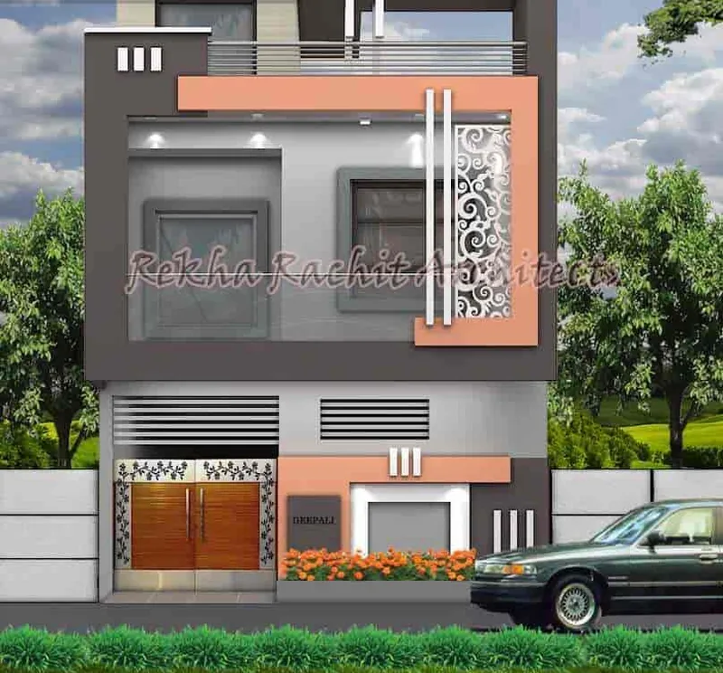 Compact Residence with Coral Accent Bands: design render by Rekha Rachit Architects