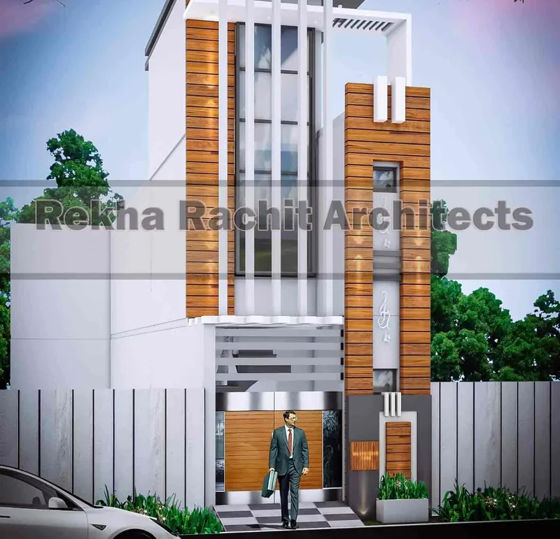 Slim Residence with Wood-Finish Vertical Bands: design render by Rekha Rachit Architects